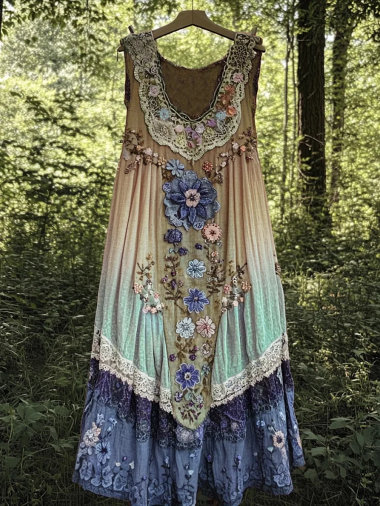 Vintage Boho Lavender Art Linen Patchwork Art Linen Tank Dress