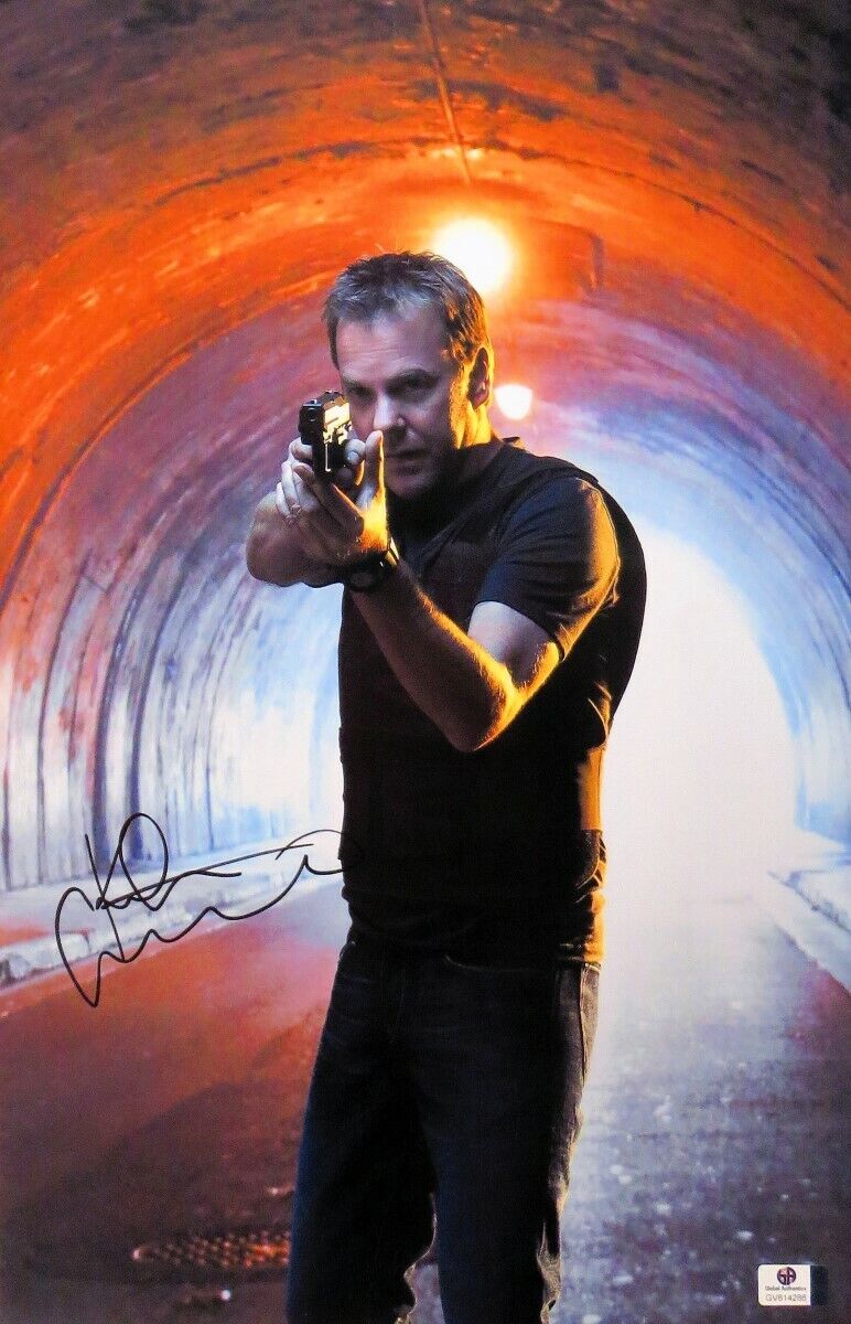 Kiefer Sutherland Autographed 11X17 Photo Poster painting 24 Pointing Gun in Tunnel JSA T59456