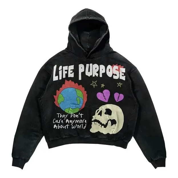 Street Hooded Sweatshirt Y2k Retro Skull Letter Life Purpose Print Hoodie Gothic Sweatshirt Skull Hoodie at Hiphopee