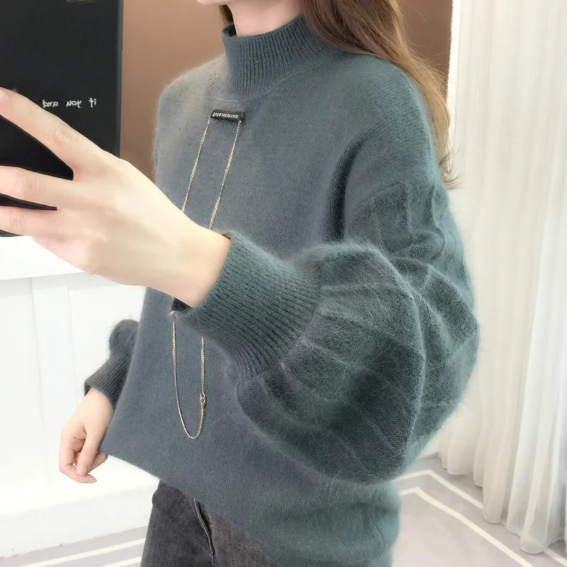 Churchf Churchf Sweater Lady 2024 New Winter Thick Head With Loose Lantern Sleeve Fashion Bottom Shirt