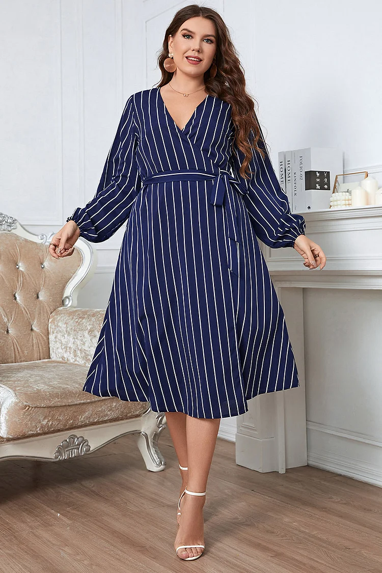 Plus Size Casual Royal Blue Striped Print V Neck Sash Belt Tunic Midi Dress  Flycurvy [product_label]
