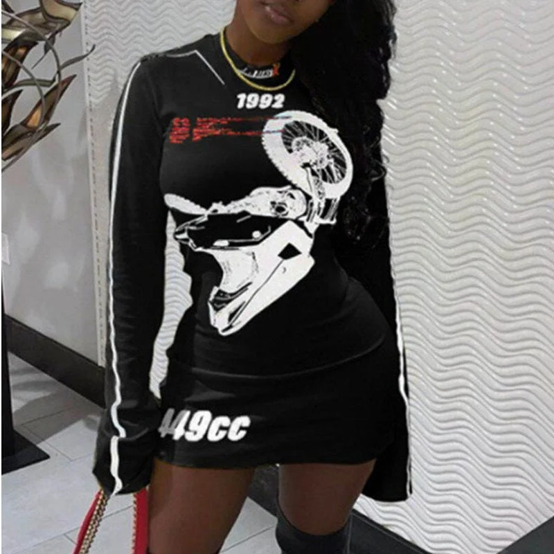 Weird Puss 2022 New Casual Dress Women Sporty Bike Print Round Neck Long Sleeve Bodycon Stretch Skinny Fashion Streetwear Outfit