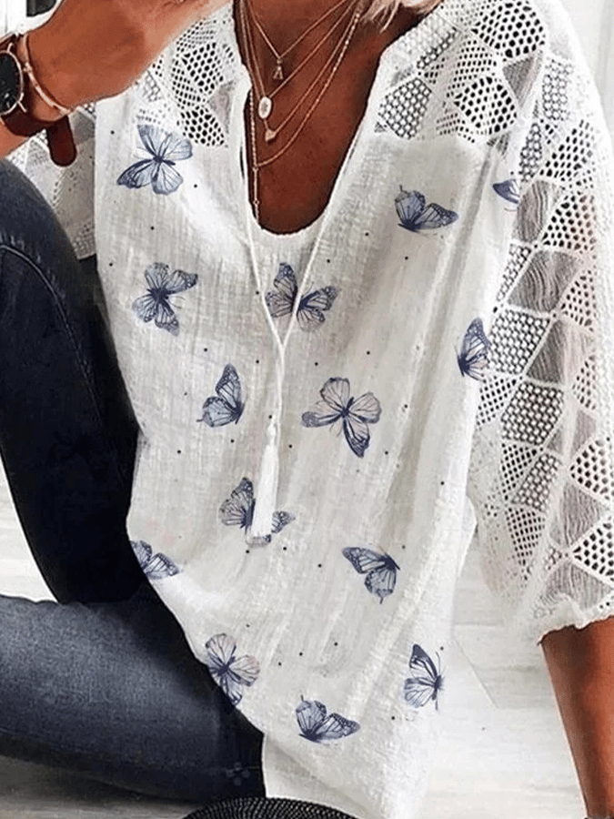 Women's V-neck Hollowed Out Butterfly Printed Casual Shirt-mysite