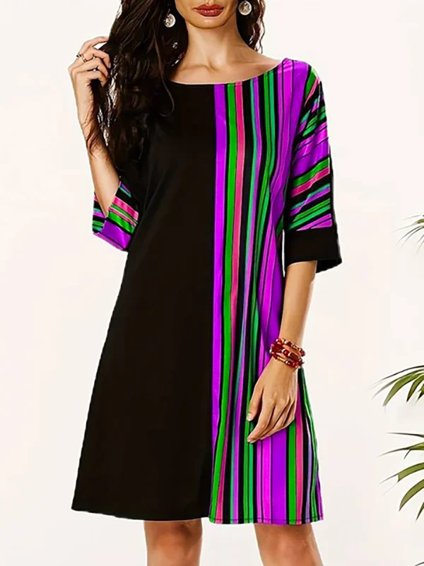 Striped Contrast Color Asymmetric Plus Size Loose Round-neck Mini Dresses