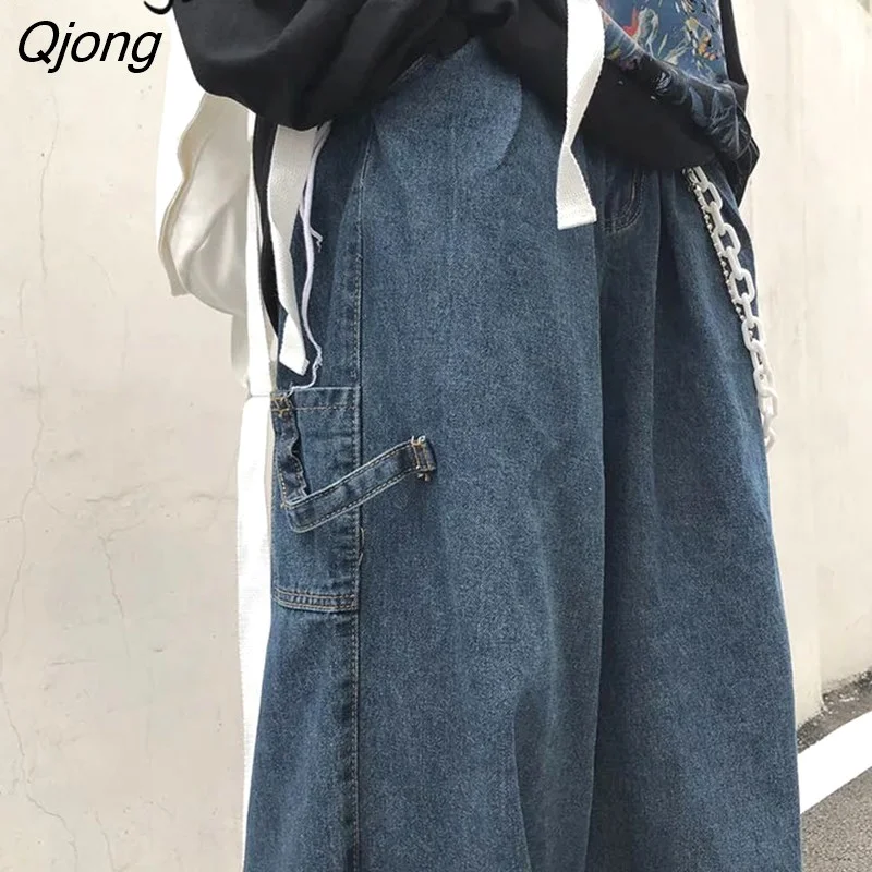 Qjong Wide Leg Cargo Solid Jeans Women Casual High Waist Goth Aesthetic Korean Baggy Streetwear Harajuku Punk Denim Trousers Femme