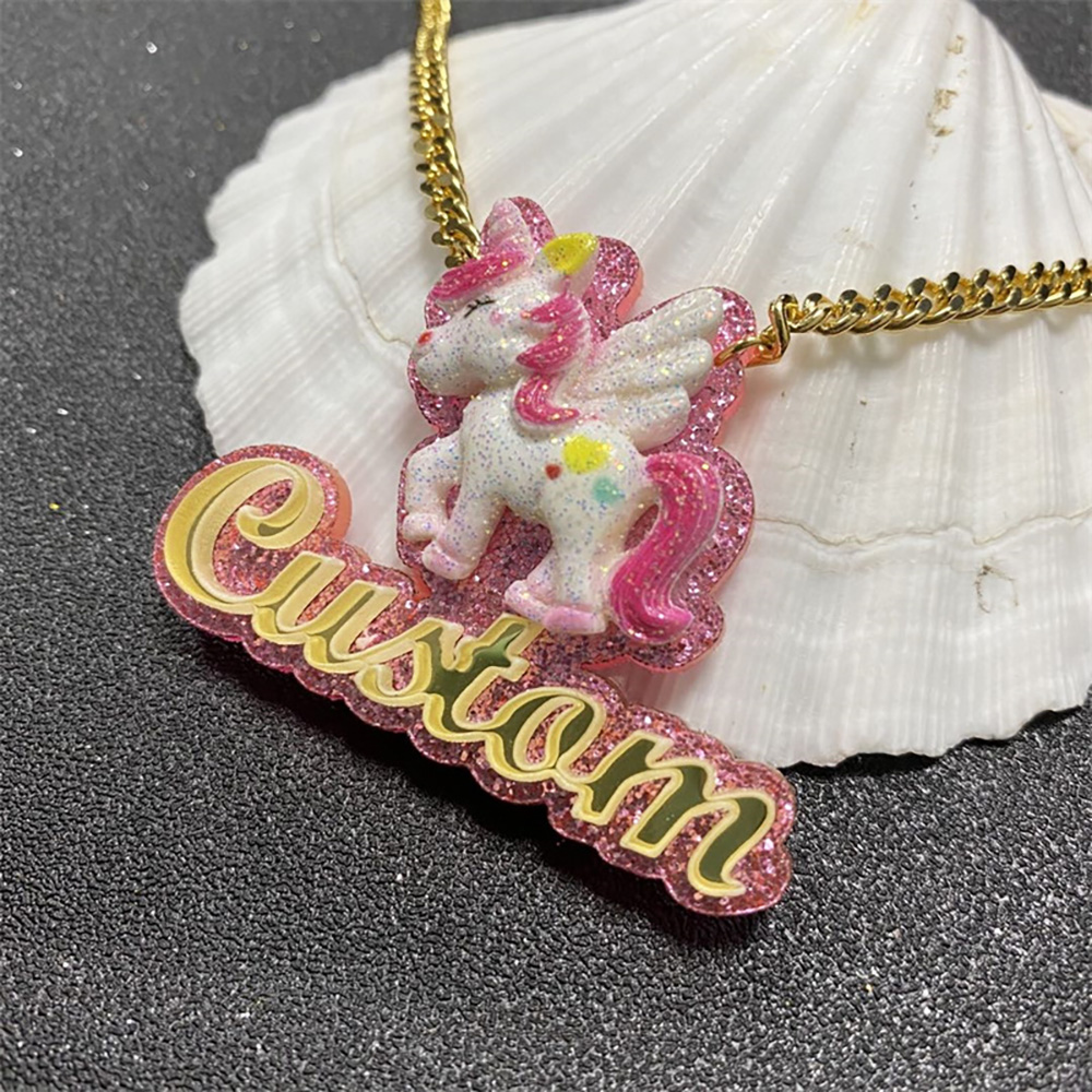 Personalized Name Pink Cartoon Unicorn Acrylic Pendant For Kids