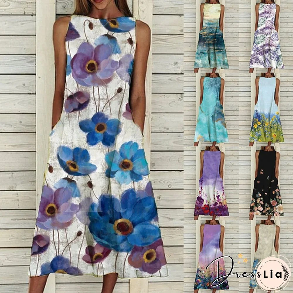 XS-5XL Plus Size Fashion Women Summer Casual Tops Elegant Sleeveless Print A-Line Dress Round Neck Casual Party Dresses Girls Sweet Dress