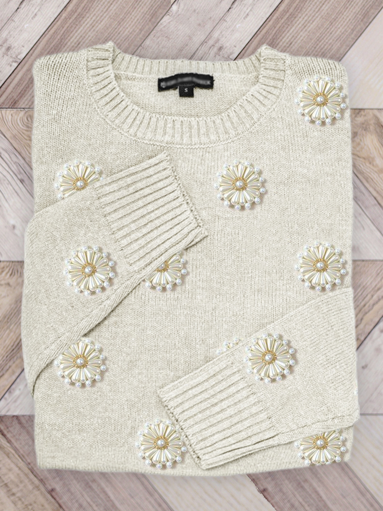Comstylish Daisy Pearls Beaded Floral Knit Sweater