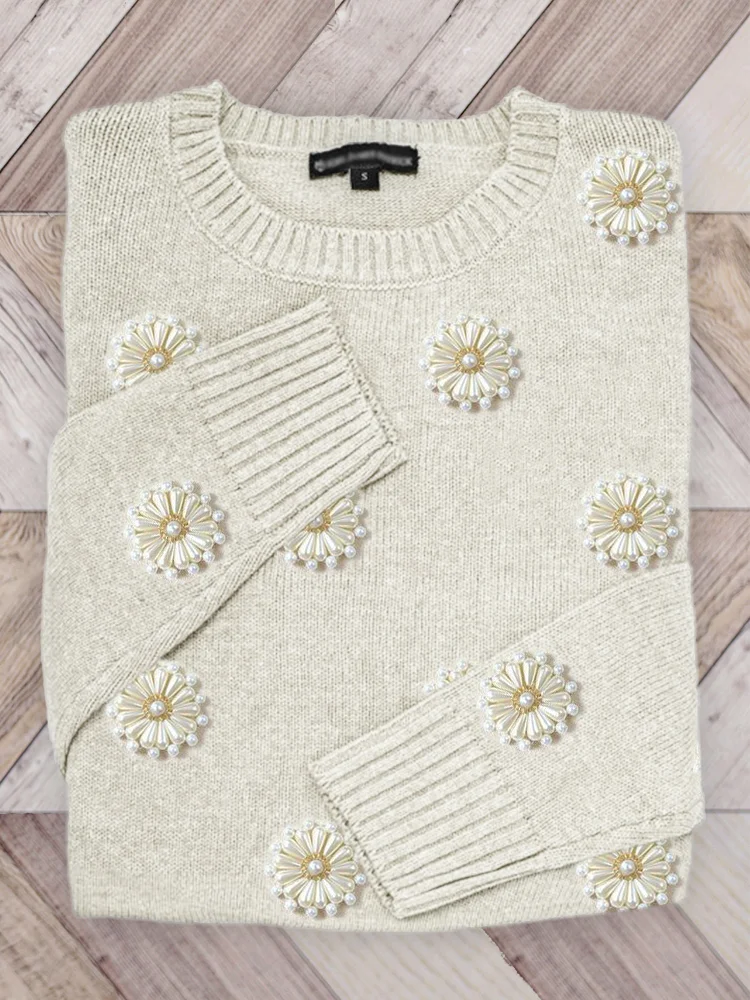 Daisy Pearls Beaded Floral Knit Sweater