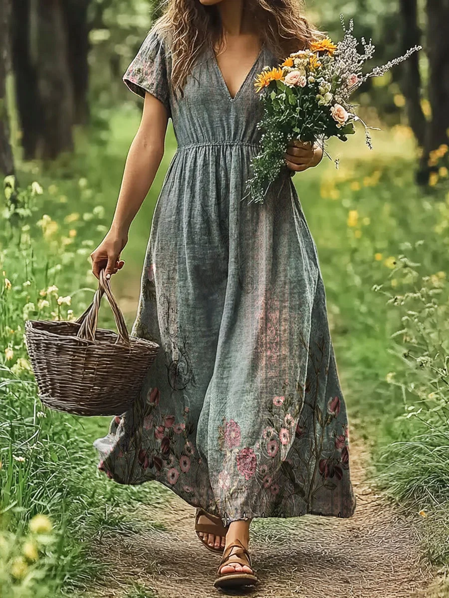 Vintage V-neck Bohemian Floral Print Elegant Chic Loose Midi Dress