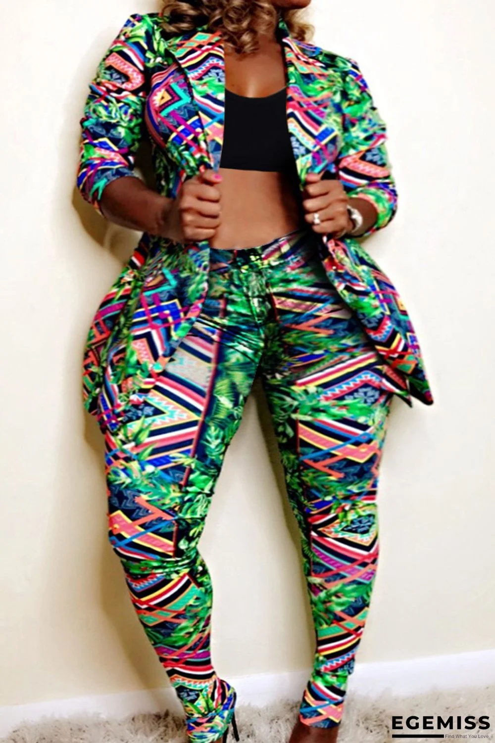 Colour Fashion Casual Print Cardigan Pants Turndown Collar Plus Size Two Pieces | EGEMISS