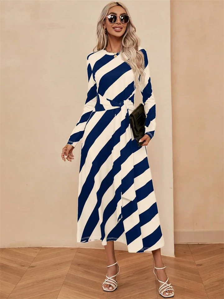 Elegant Temperament Advanced Sense of Striped Printed Mid-waist Long-sleeved Dress Women Round Neck Pullover Long Dresses