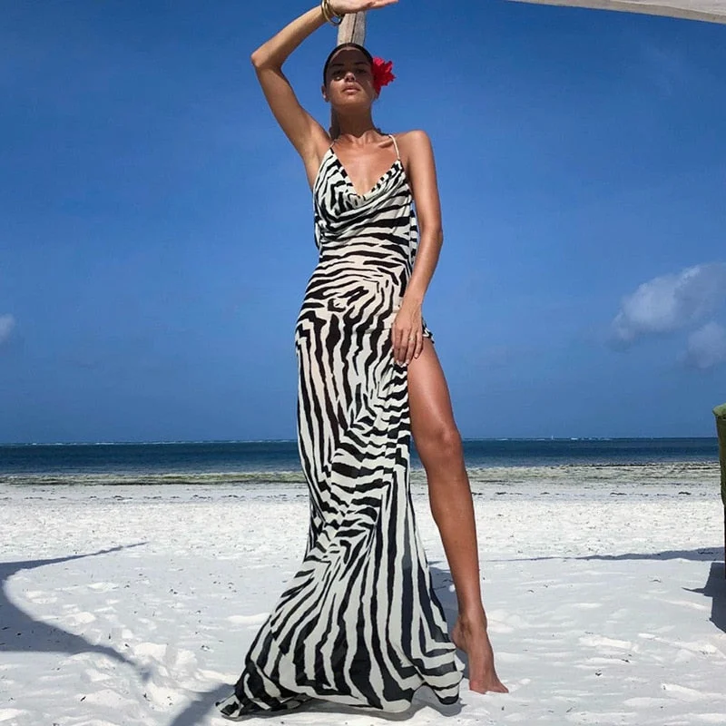 Vstacam  2022 Sexy Spaghetti Strap Side Split Beach Dress Summer Sundress Women Clothes Elegant Zebra Back Open Club Party Dresses A1144