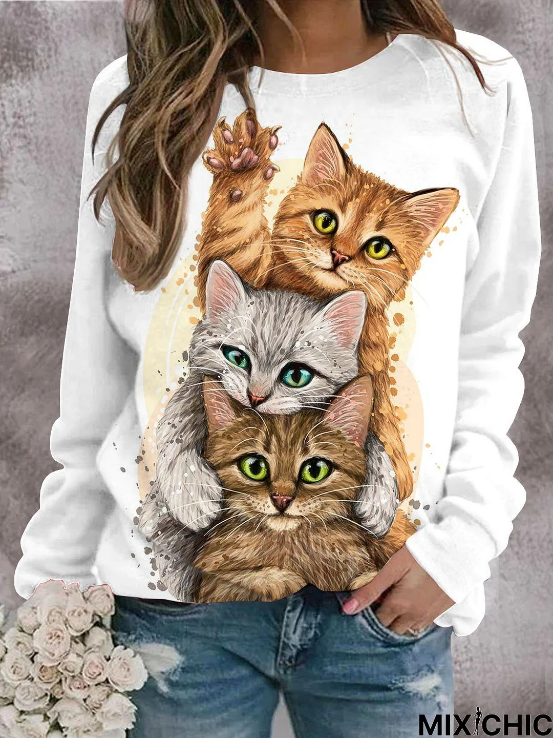 Loose Crew Neck Cat Printed  Casual Sweatshirt