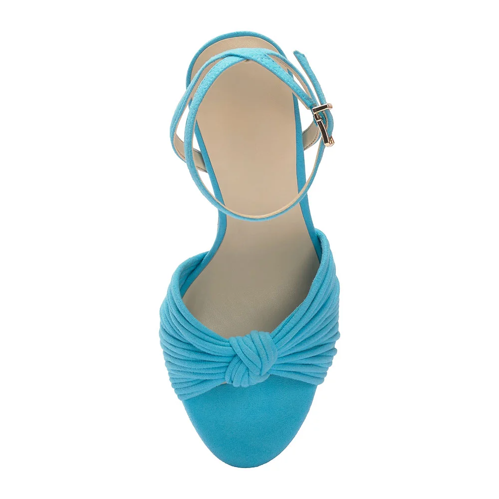 Turquoise Round Toe Ankle Strap Platform Heel Sandals with Knot