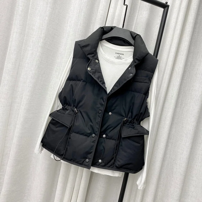 FTLZZ Winter Single Breasted Light Down Short Vest Jacket Women White Duck Down Coat Waist Retractable Pocket Sleeveless Outwear