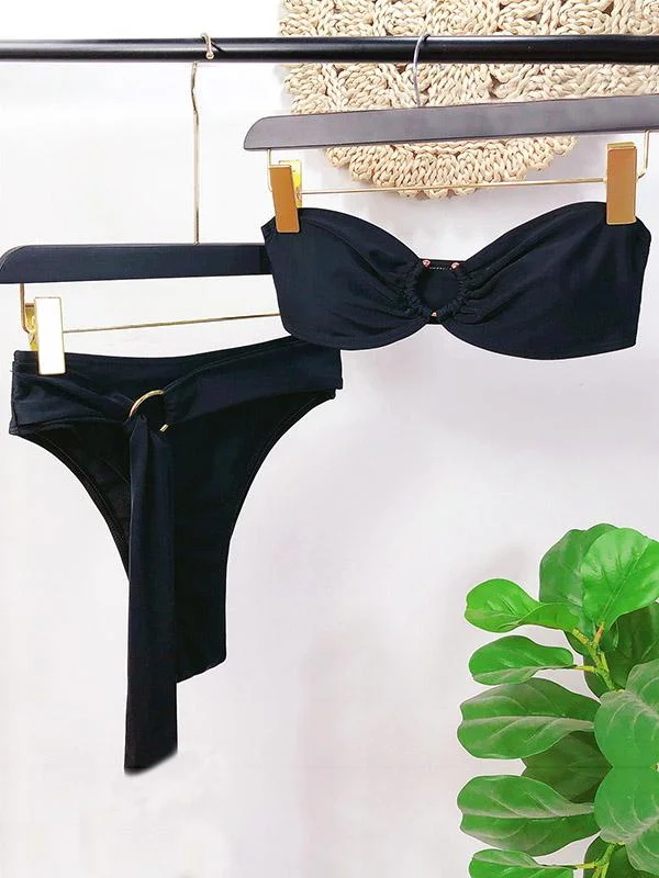 Sexy Bandeau Embellished Belted Split Bikini Swimsuit