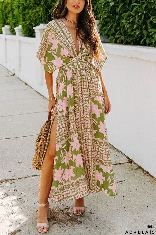 Like Palm Side Slit Bat Maxi Dress