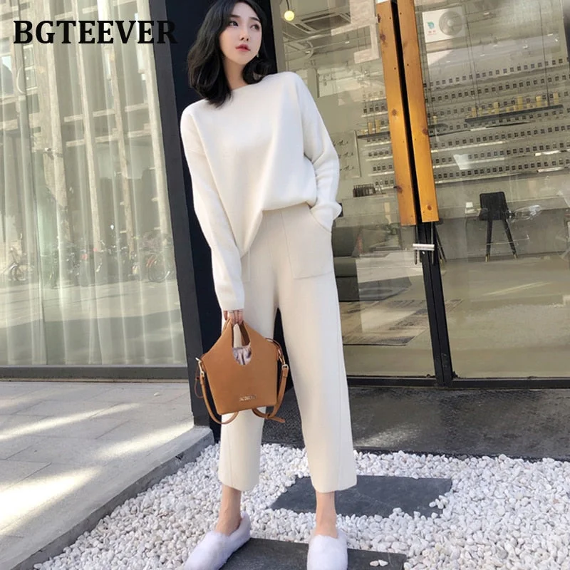 Casual Sweater Tracksuit O-neck Pullovers & High Waist Pants Women Sweater Sets Knitted Set Autumn Winter Knitted 2 Pieces Set