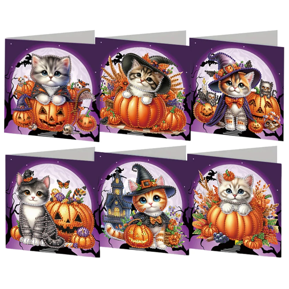 6Pcs Halloween Cat DIY Diamond Painting Card Diamond Drawing Card