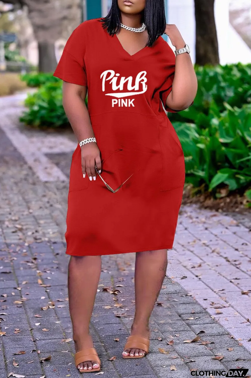 Red Fashion Casual Letter Print Basic V Neck Short Sleeve Dress Dresses