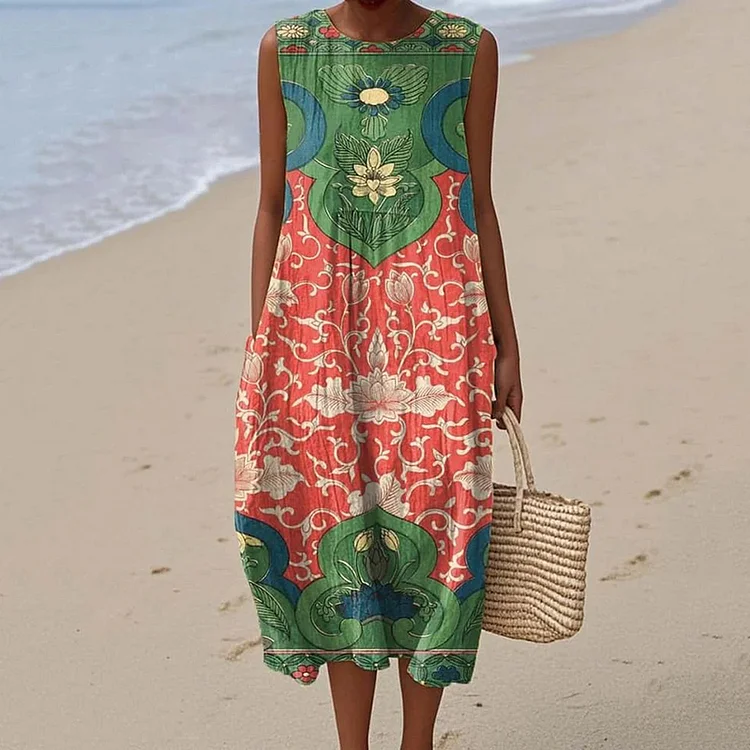 Vintage Loose Floral Art Sleeveless Cotton And Linen Tank Dress