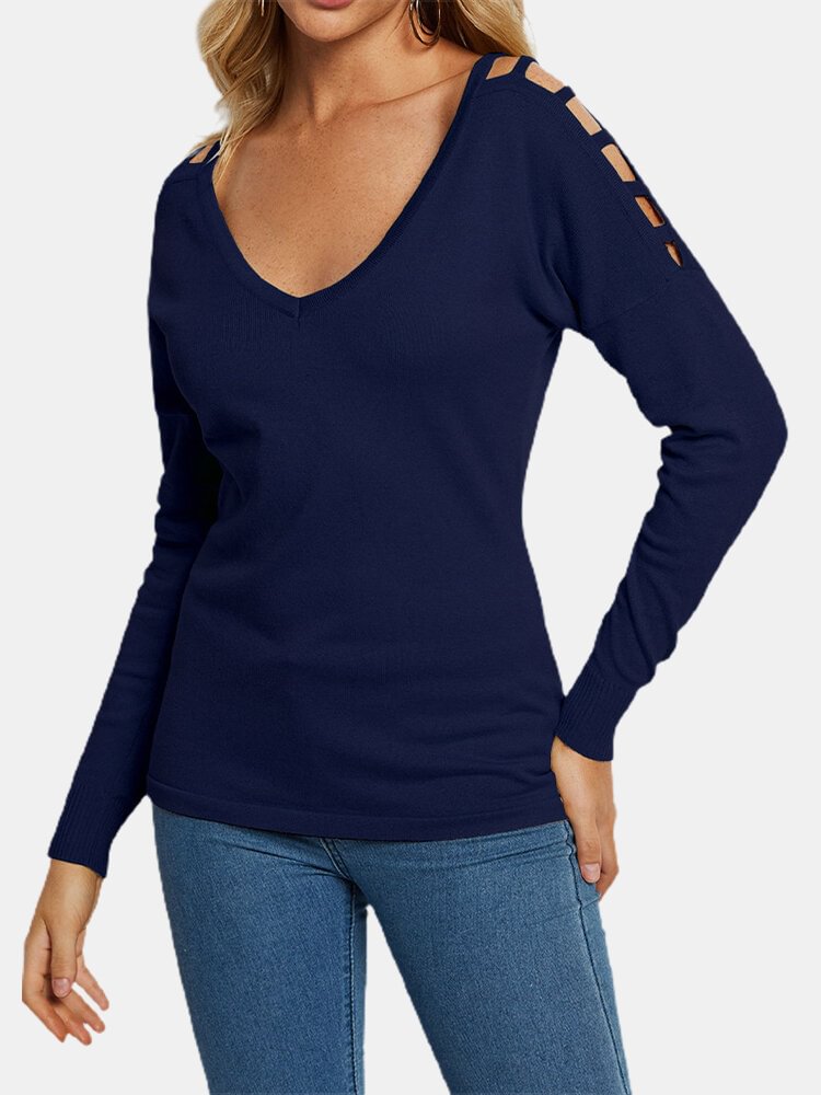 Solid Color Hollow V-neck Long Sleeve Casual Sweater for Women