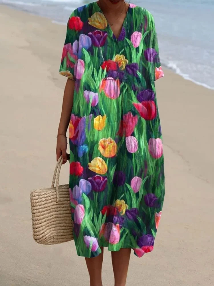 Women's Vintage Lovely Floral Art Print Flowy Dress