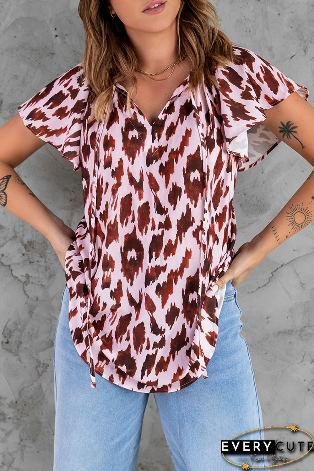 Leopard Print Flounce Drawstring Short Sleeve T-shirt