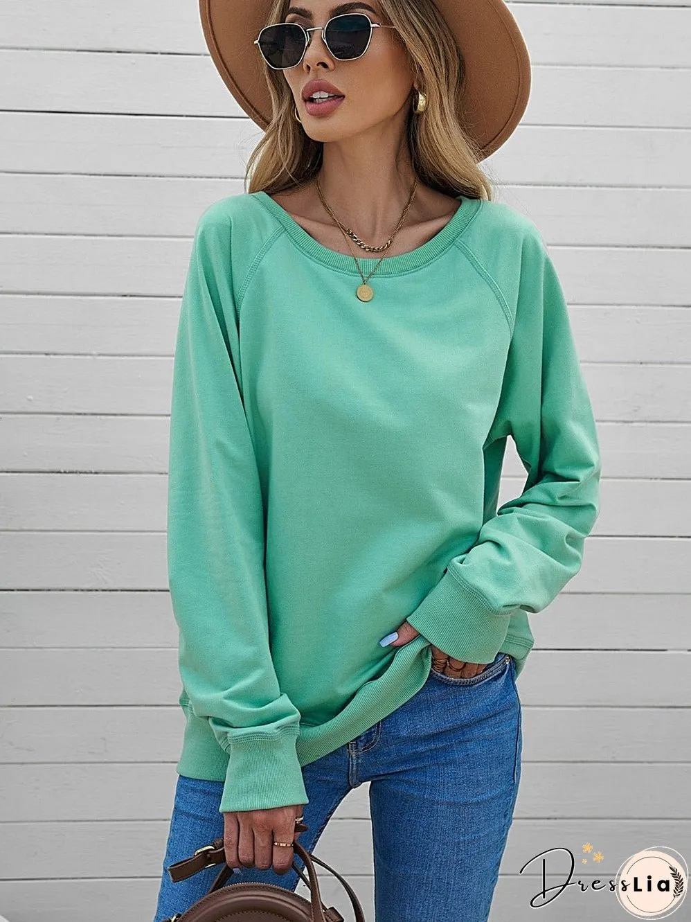 Green Crew Neck Long Sleeve Sweatshirt with Distressed Detail