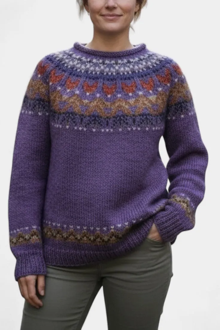 Classic Jacquard Crew Neck Sweater with Folk Motifs