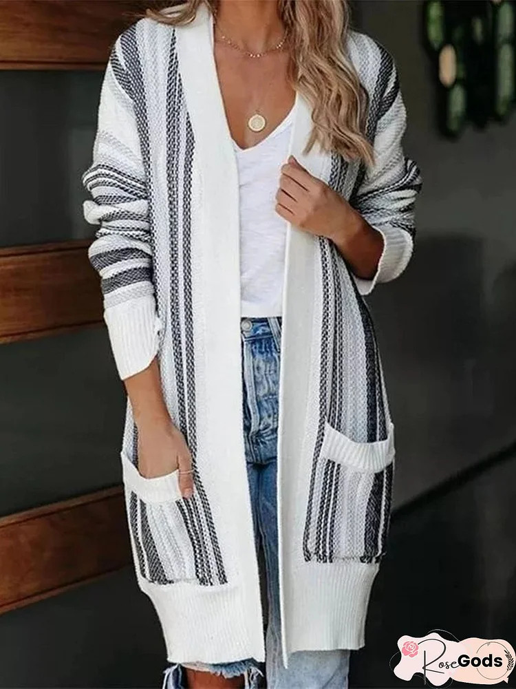 Striped Casual Autumn Natural Daily Loose Mid-Long Medium Elasticity Regular Size Sweater Coat For Women