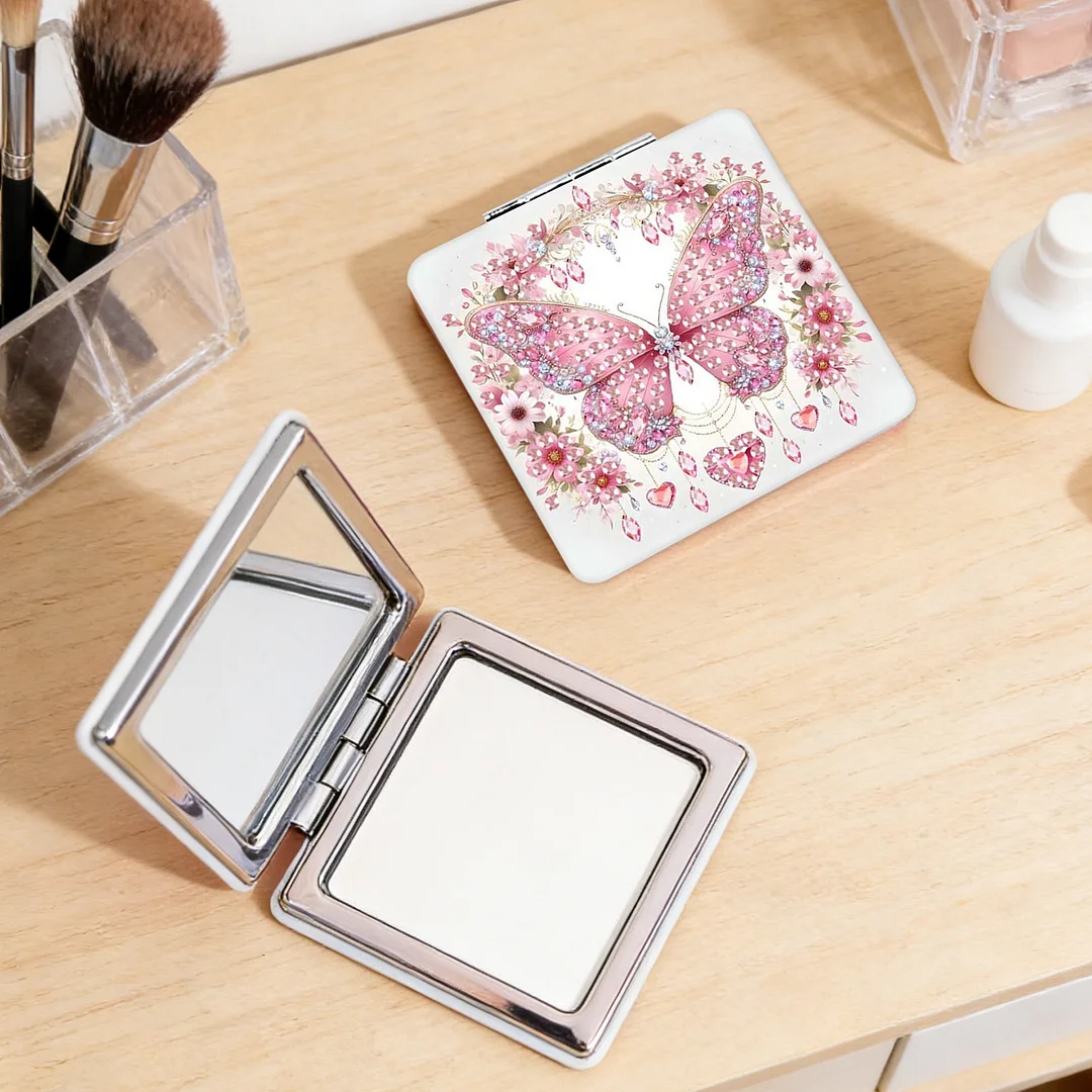 Pink Butterfly DIY Special Shaped Diamond Painting Compact Mirror Kits Diamond Art Painting Pocket Mirror for Beginners Adults Art Craft Woman Gifts
