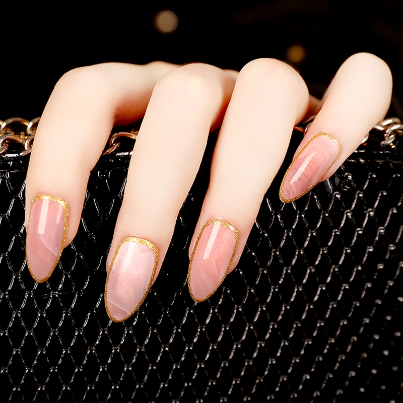 Oldedu Summer Gel Nails – White Clear French Glitter Stiletto Artificial Nail Tips for Ladies