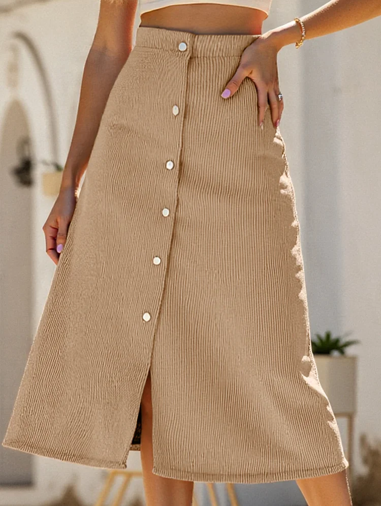 Single-breasted high-waisted corduroy midi skirt