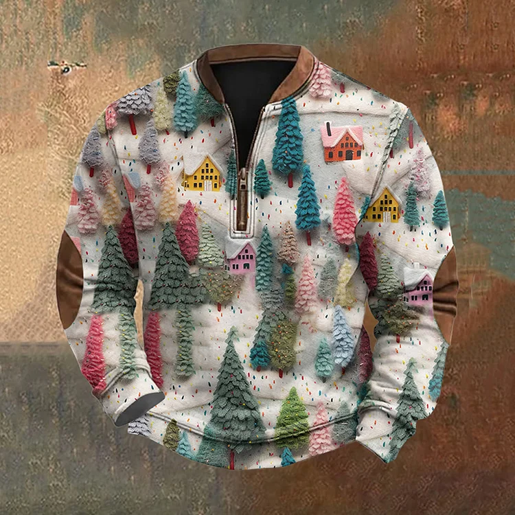 Men's Christmas Tree Print Zip-Up Sweatshirt