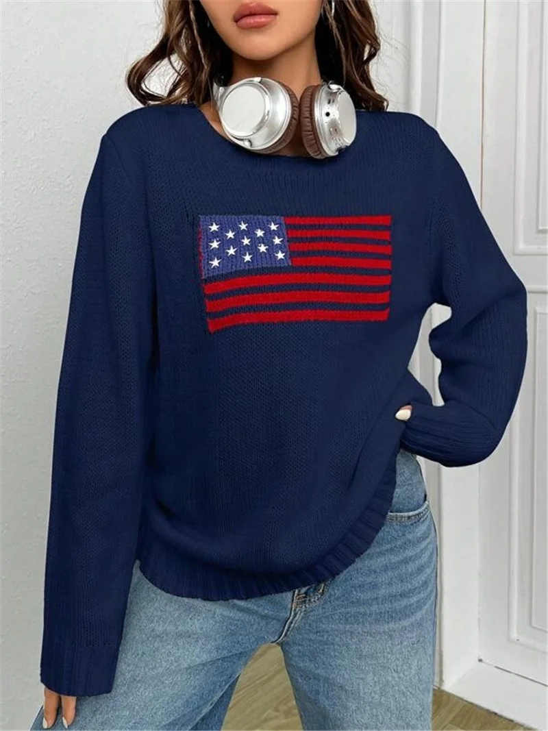 Athvotar Athvotar And Winter New Loose Round Neck Flag Pattern Simple Knitted Sweater