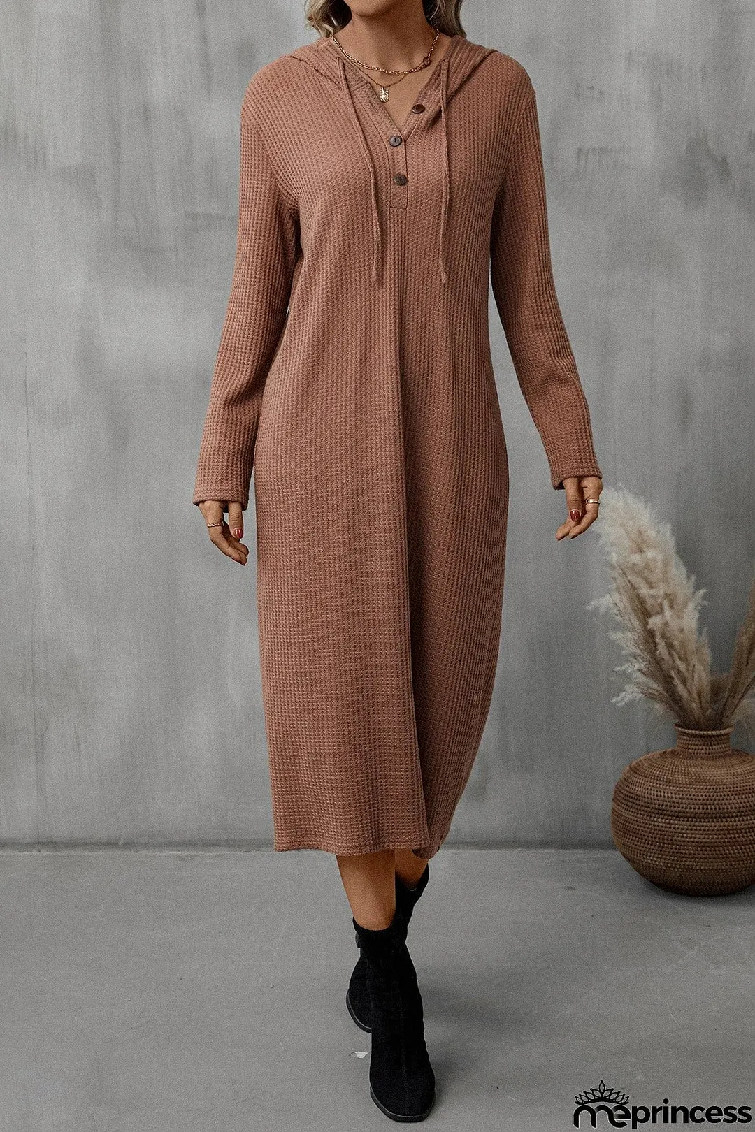 Buttoned Long Sleeve Hooded Dress