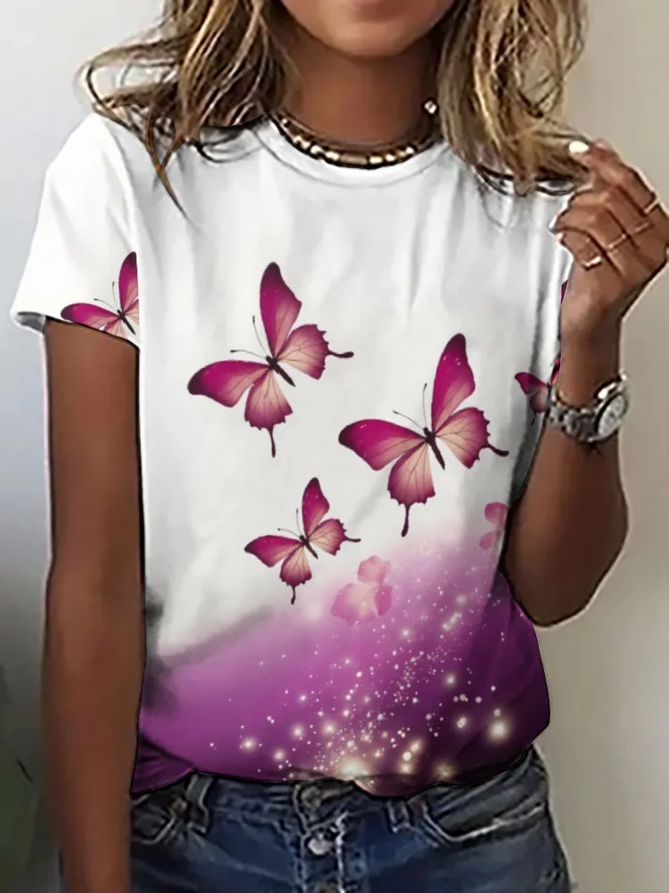 Printed Short Sleeve Casual T-shirt for  Women and Men Unisex Pattern Butterfly, Purple, Red