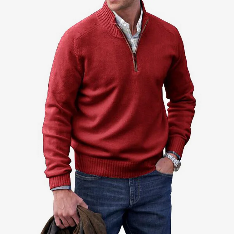 Casual Half-Zip Collar Knitted Long Sleeve Plain Sweater