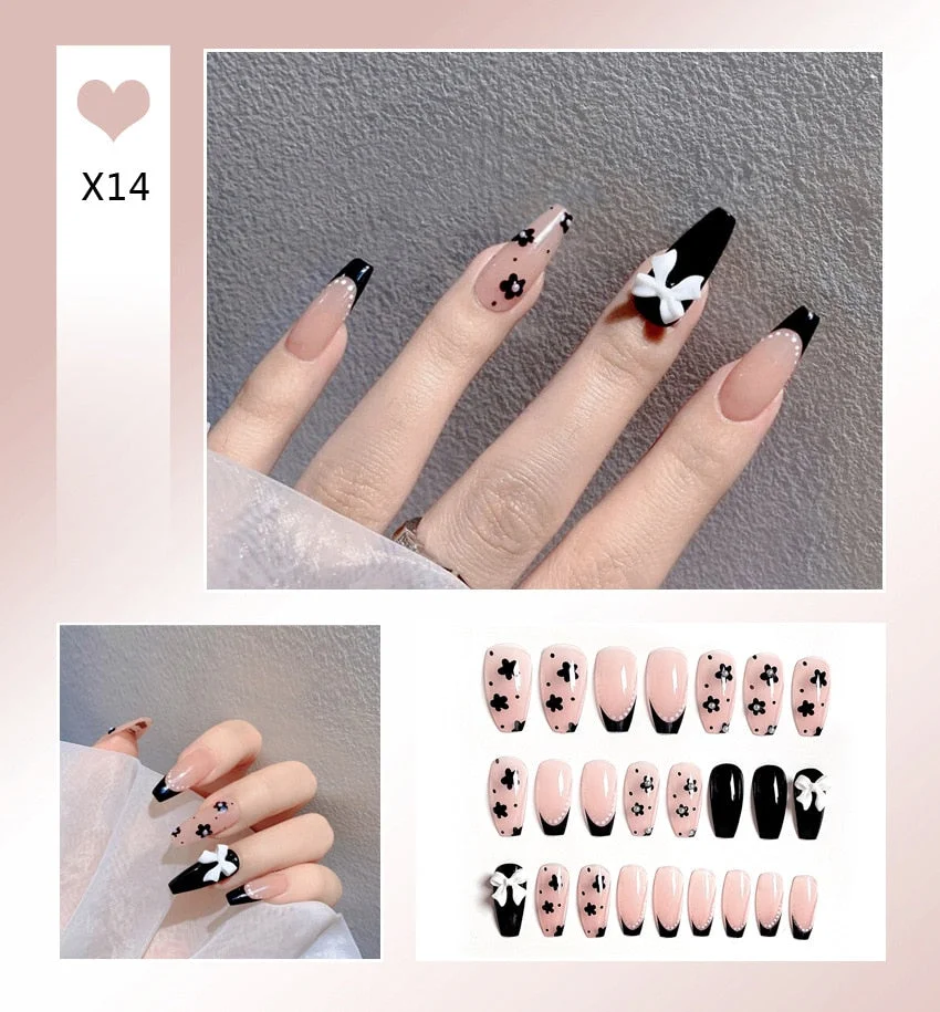 Aurora Transparent Fake Nails Tips for Finger Wear Crystal Ice Clear Butterfly Press on Nails Long Bow Ballet Diamond False Nail-Nail Inspo