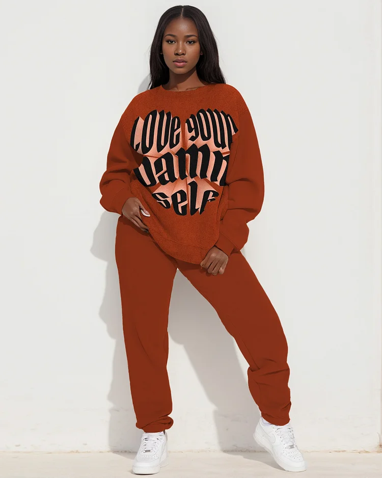 Love Your Oamn Self Long-Sleeved Off-Shoulder Top and Solid Color Casual Pants Set