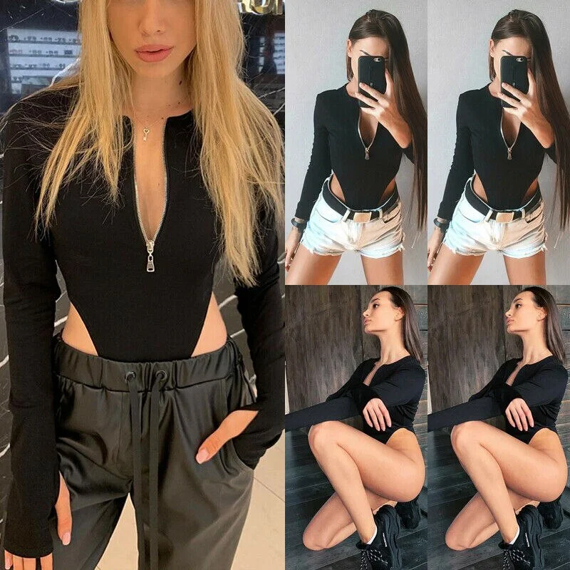 High Waist Bodycon Skinny Black Bodysuits Women Long Sleeve Deep V Neck Zipper Club Fashion Jumpsuits Leota Streetwear