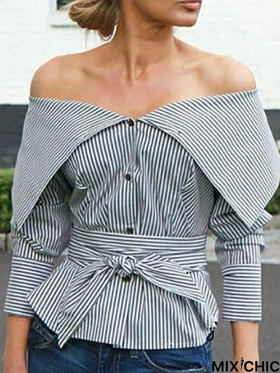 Cotton-Blend Casual Long Sleeve Off Shoulder Blouse