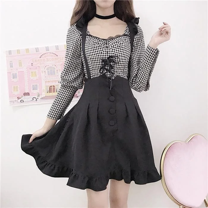 Black Gird Laced Shirt/Suspender Skirt SP13374