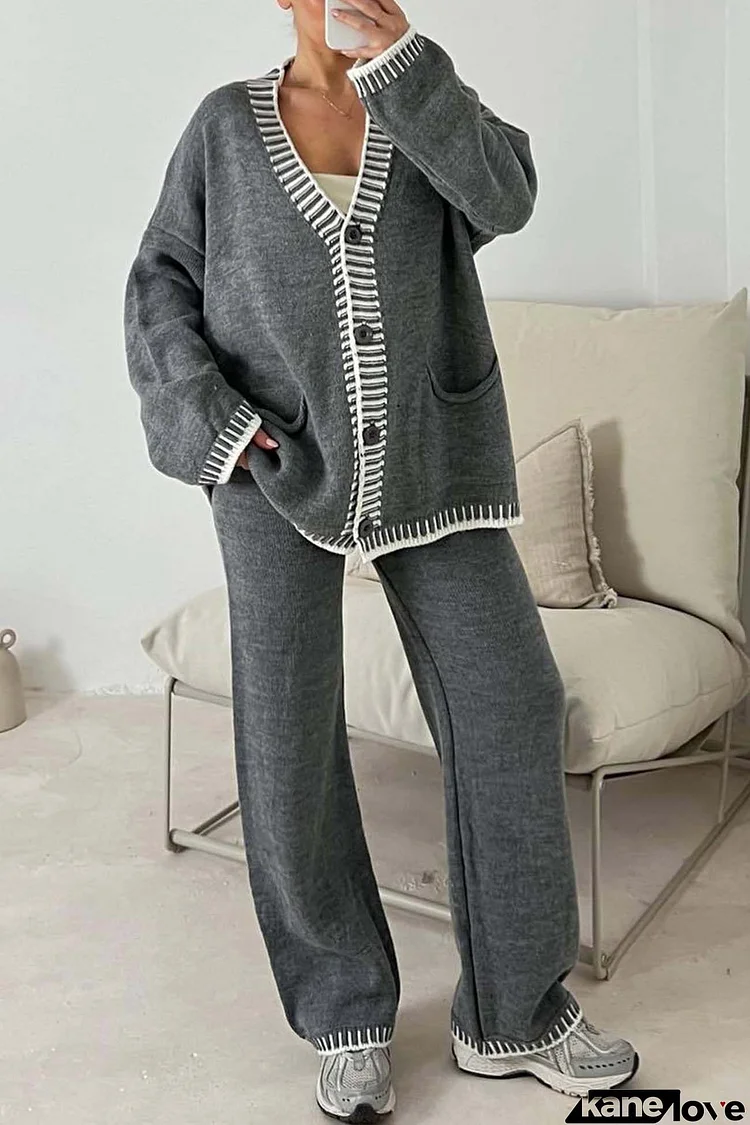 Contrast Cardigan Long Pants Two-piece Set