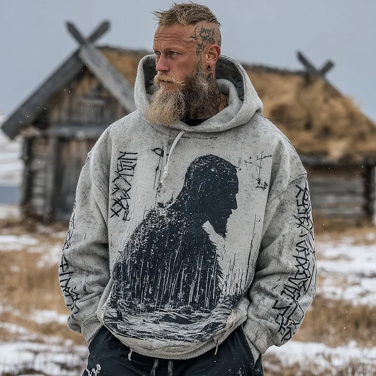 Men's Retro Viking Warrior Art Pattern Hooded Sweater