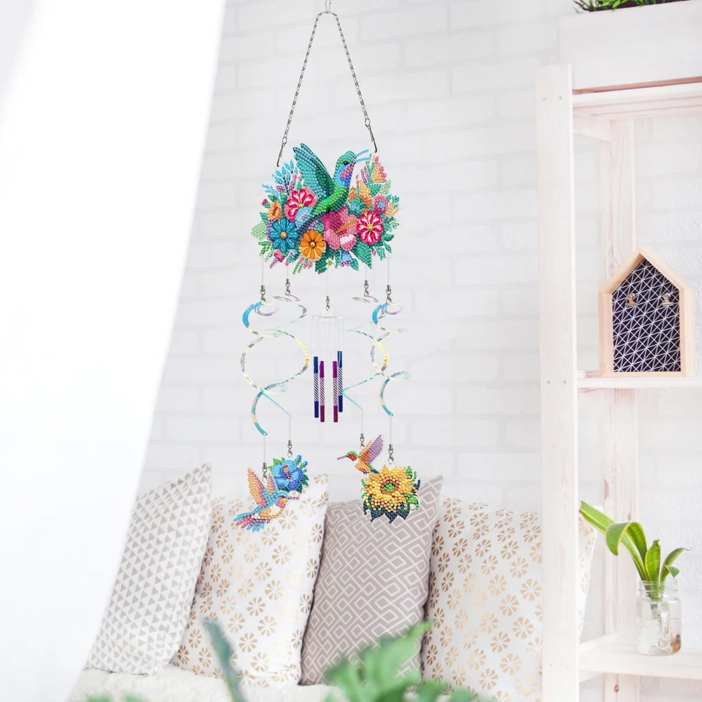 DIY Flower Hummingbird Double Sided Diamond Painting Wind Chime for Window Decor