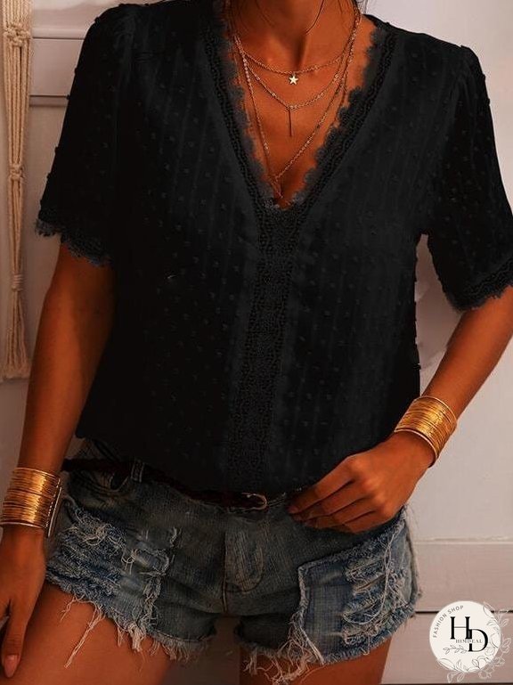 Deep V-neck Embroidered Lace Chiffon Blouse