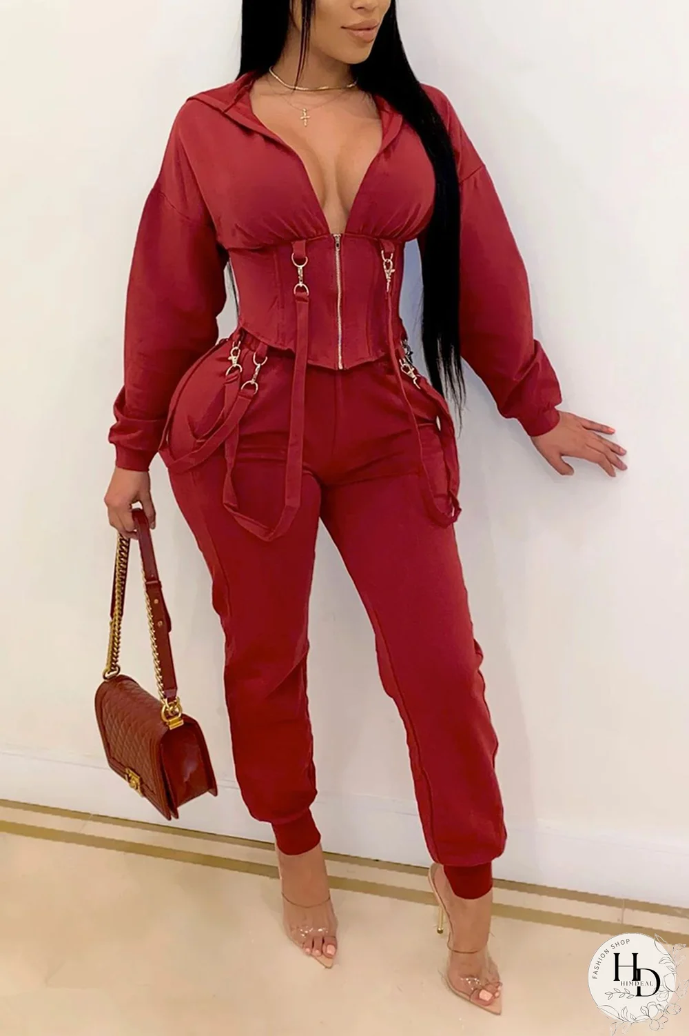 Army Green Casual Solid Split Joint Draw String Hooded Collar Long Sleeve Two Pieces